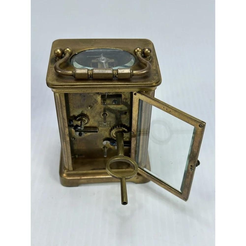 Antique French Carriage Alarm‎ Clock Box Key H&H France Beveled NOT  WORKING